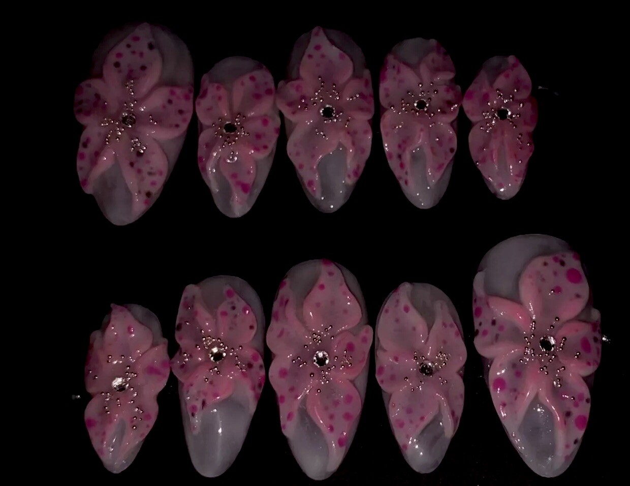 Handmade Jelly 3D Flower Press on Nails,Size Medium, Length Medium,Almond Shape