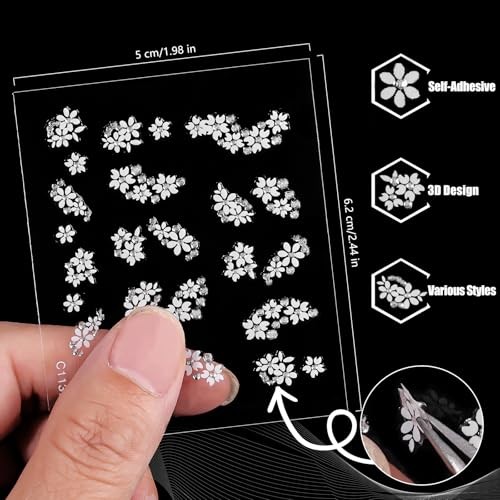 Flower Nail Stickers – 30 Sheets Spring Floral Nail Decals 3D Self White