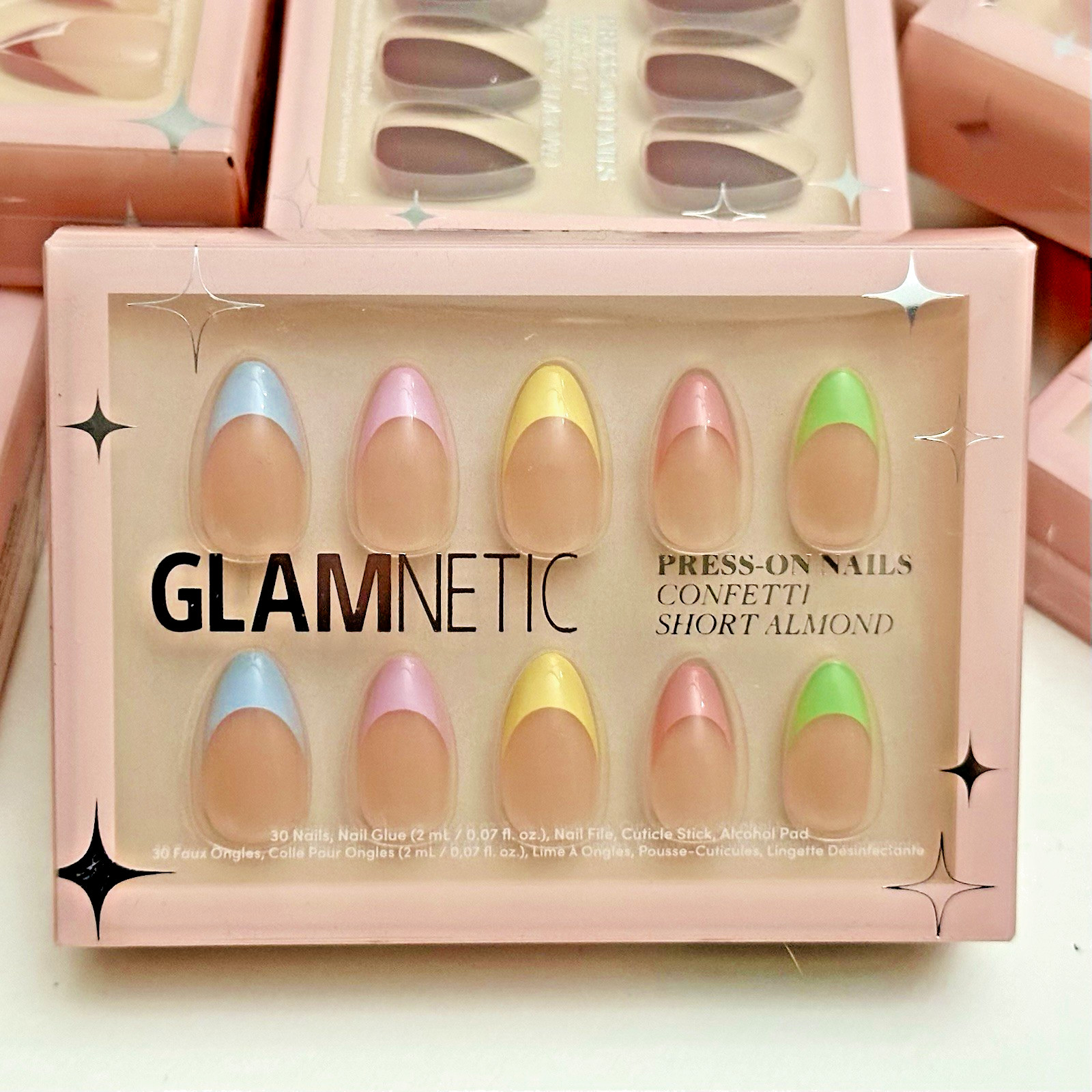 GLAMNETICS Press On Nails CONFETTI Short Almond BRAND NEW NIB Pastels FRENCH TIP
