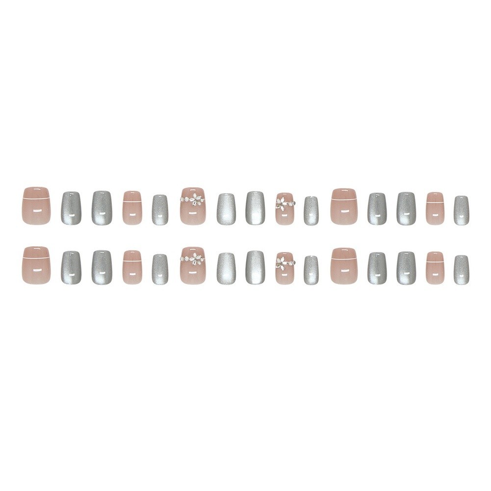 Glitter Gradient Press On Nails with Floral Accents Short Ballet Style
