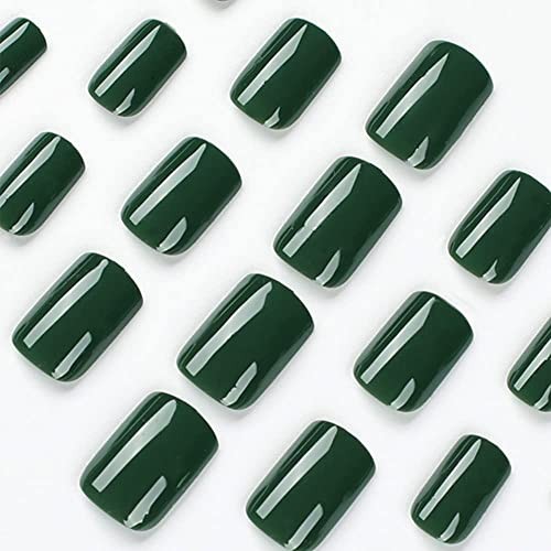 Dark Green Nails Press ons, Press on Nails Medium Square Glue on glossy green