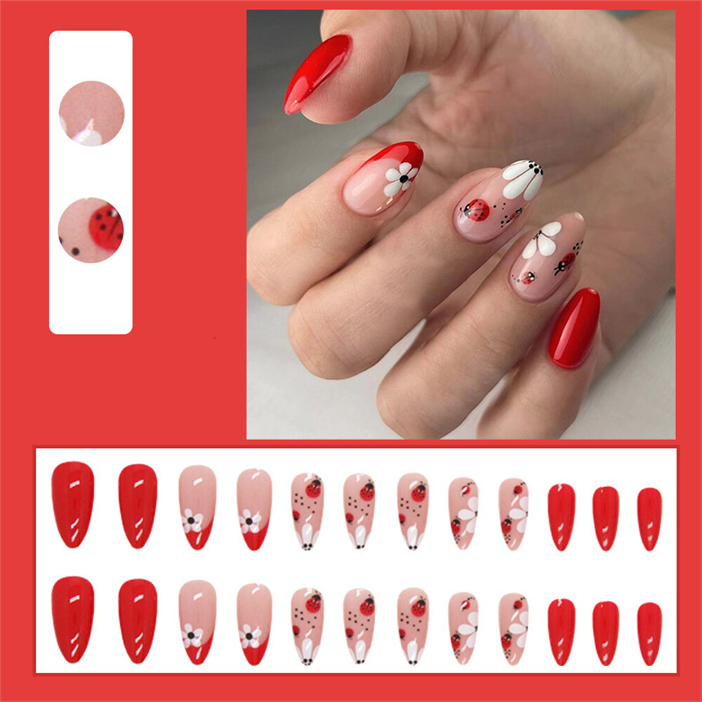 Cute Animal Flowers False Nail Short Almond Press on Nails for Nail Art 24pcs