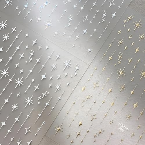 3 Sheets Star Nail Art Stickers 3D Self Adhesive Nail White Gold Silver Star