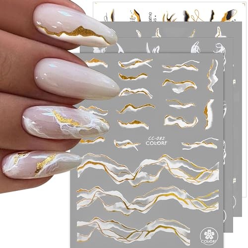 12 Sheets Nail Art Stickers Decals, Self-Adhesive White White Gold Marble Wave