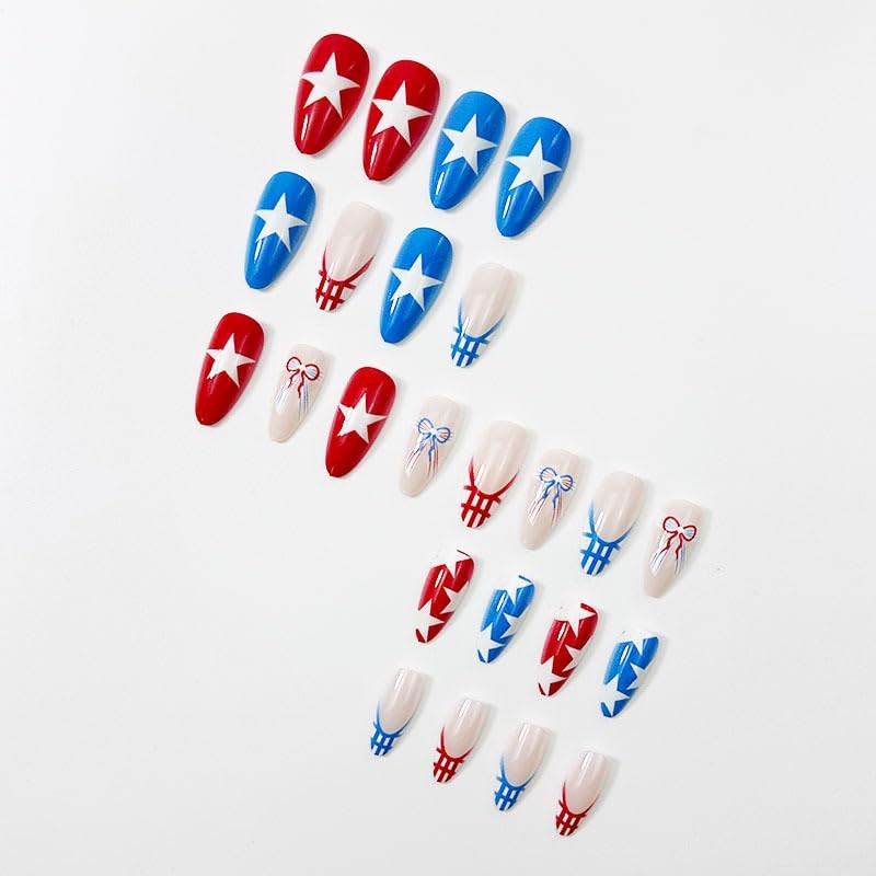 24Pcs 4th of July Press on Nails Short Almond 250th Anniversary Style03
