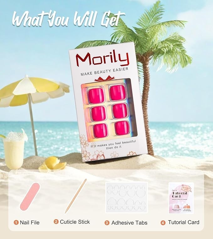 Morily Hot Pink Press on Toenails Short Square Fake Toenails Glossy Acrylic Toe