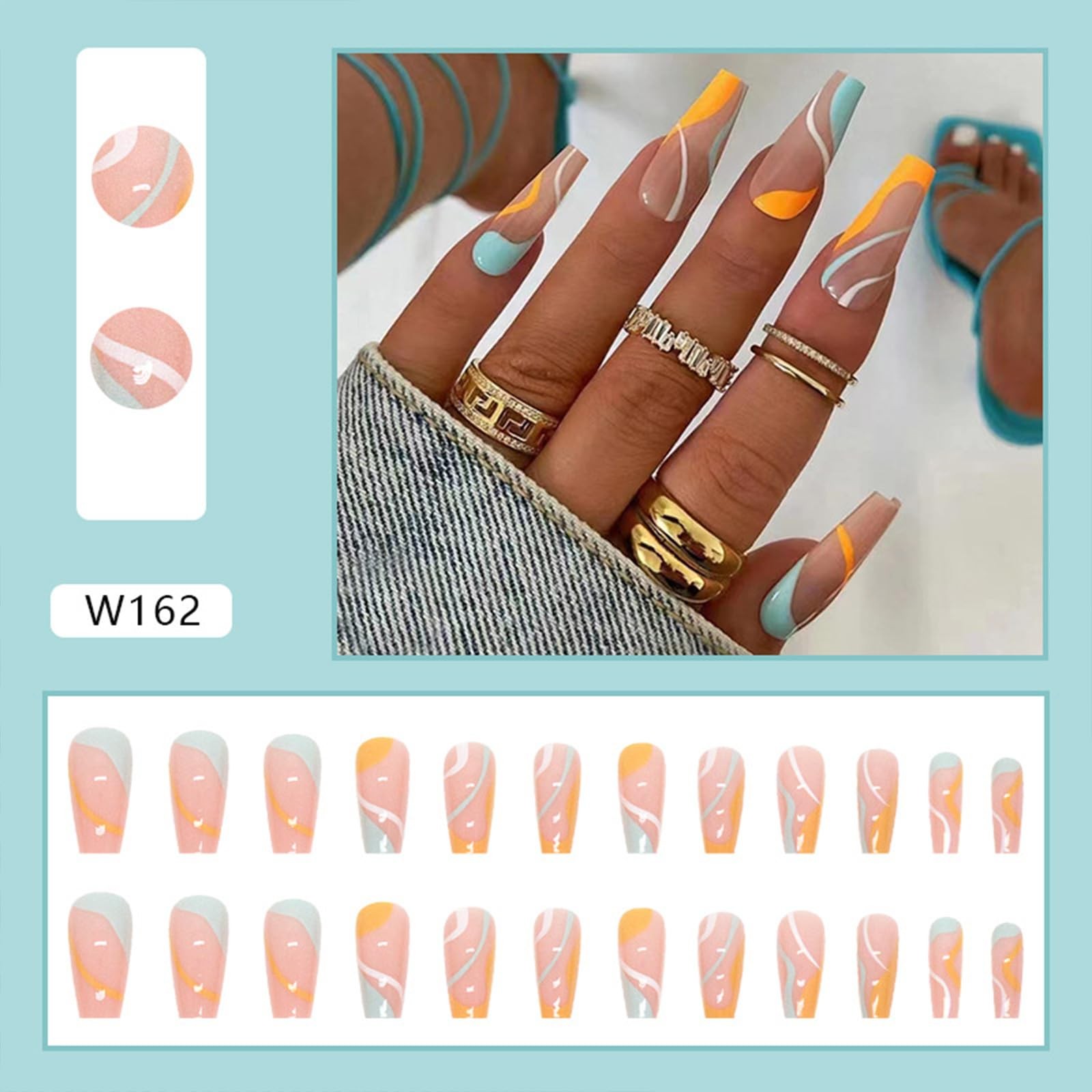 Long Press On Nails, Medium Length French Nails, Square Multi-Color Ripple Fa…