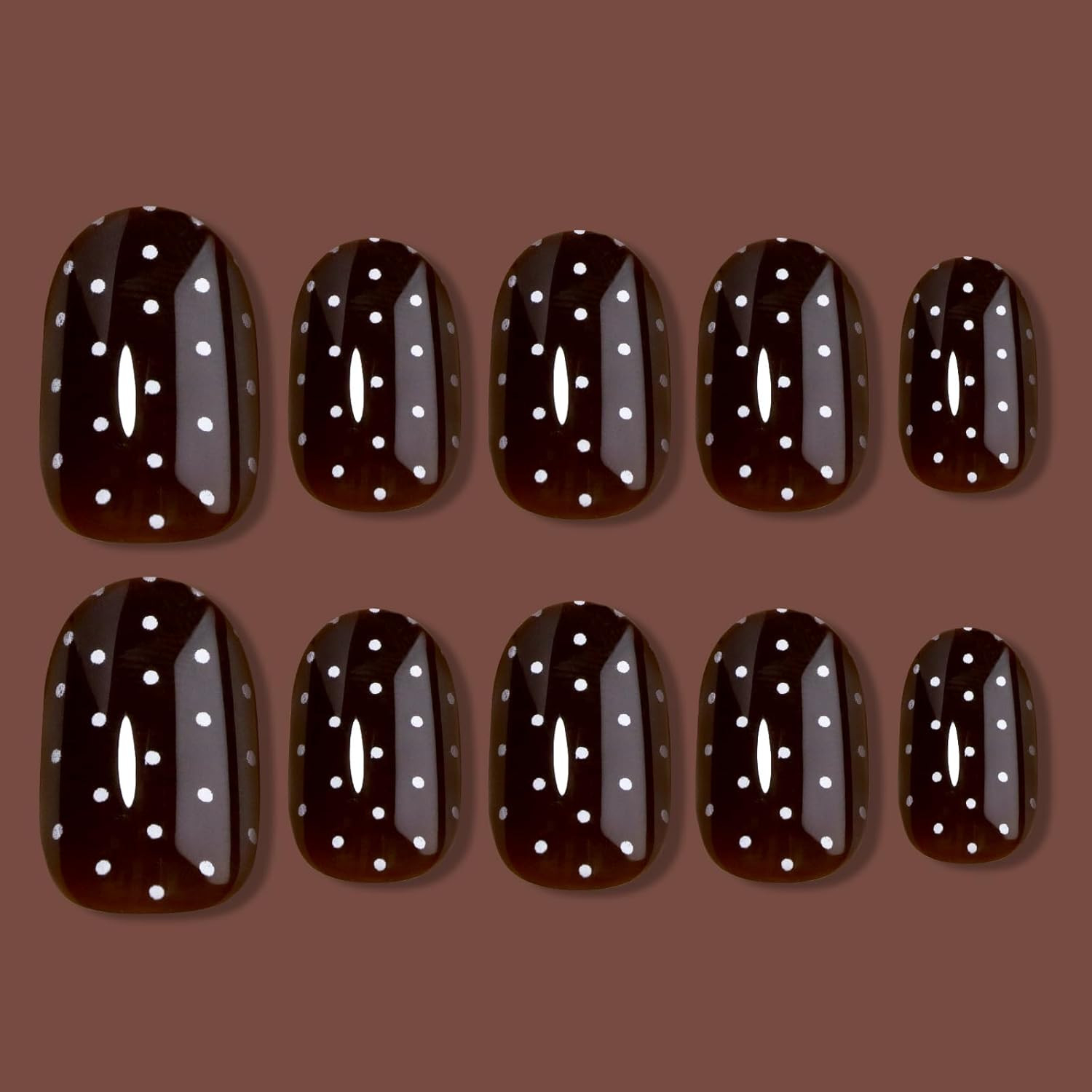 Dark Brown Red Polka Dot Press on Nails Short Oval, 24Pcs Glossy Fall Winter Glu