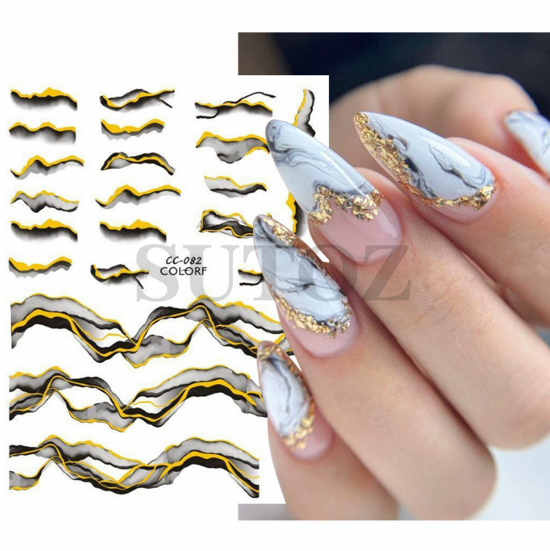 3D Black Gold Bronzing Marble Nail Art Stickers Decals French Line Ink DIY NS43