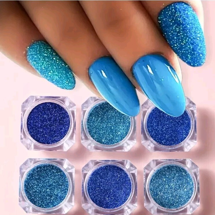 6pcs Cool Blue Ocean Glitter Nail Powder Set – Sparkling Sugar Sequins, Crystal