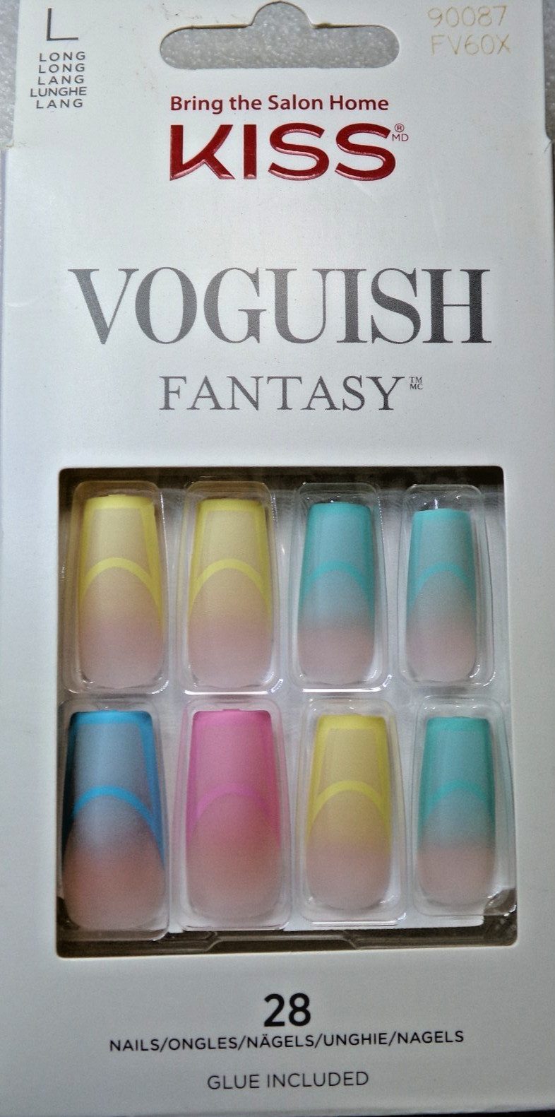 KISS Voguish Fantasy NAILS GLUE ON Matte Yellow, Green, Blue, Pink LONG square