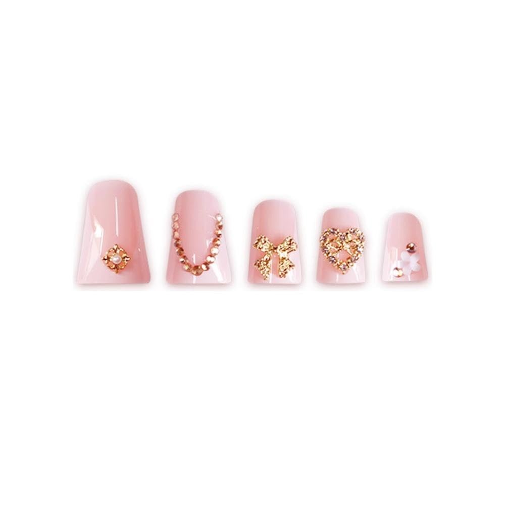 White French Tips Press on Nails Medium Duck False Nails with Gold Heart Bow …