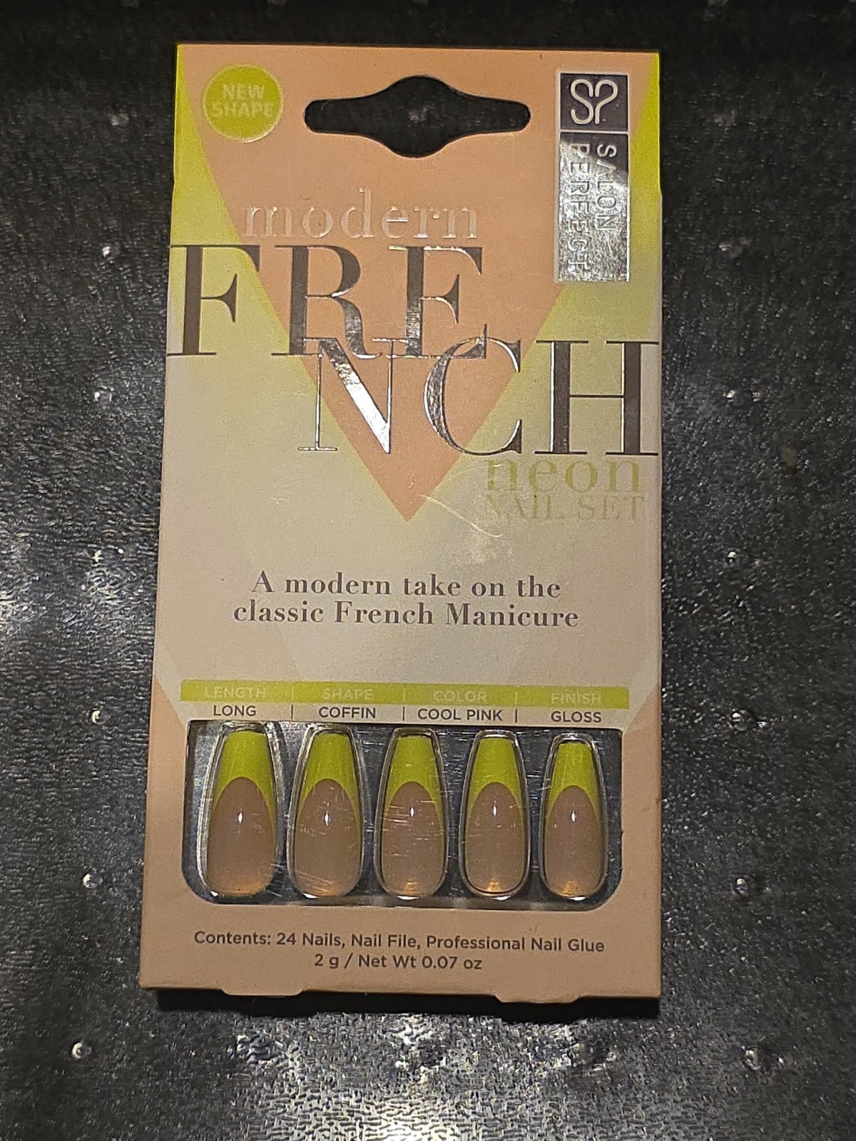 Salon Perfect Neon Modern French Design Yellow Press On Nail Set Long Coffin 24