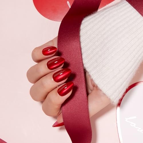 Short Almond Press on Nails – Red Cat Eye Glossy Fake Nails, A2-Pulse red