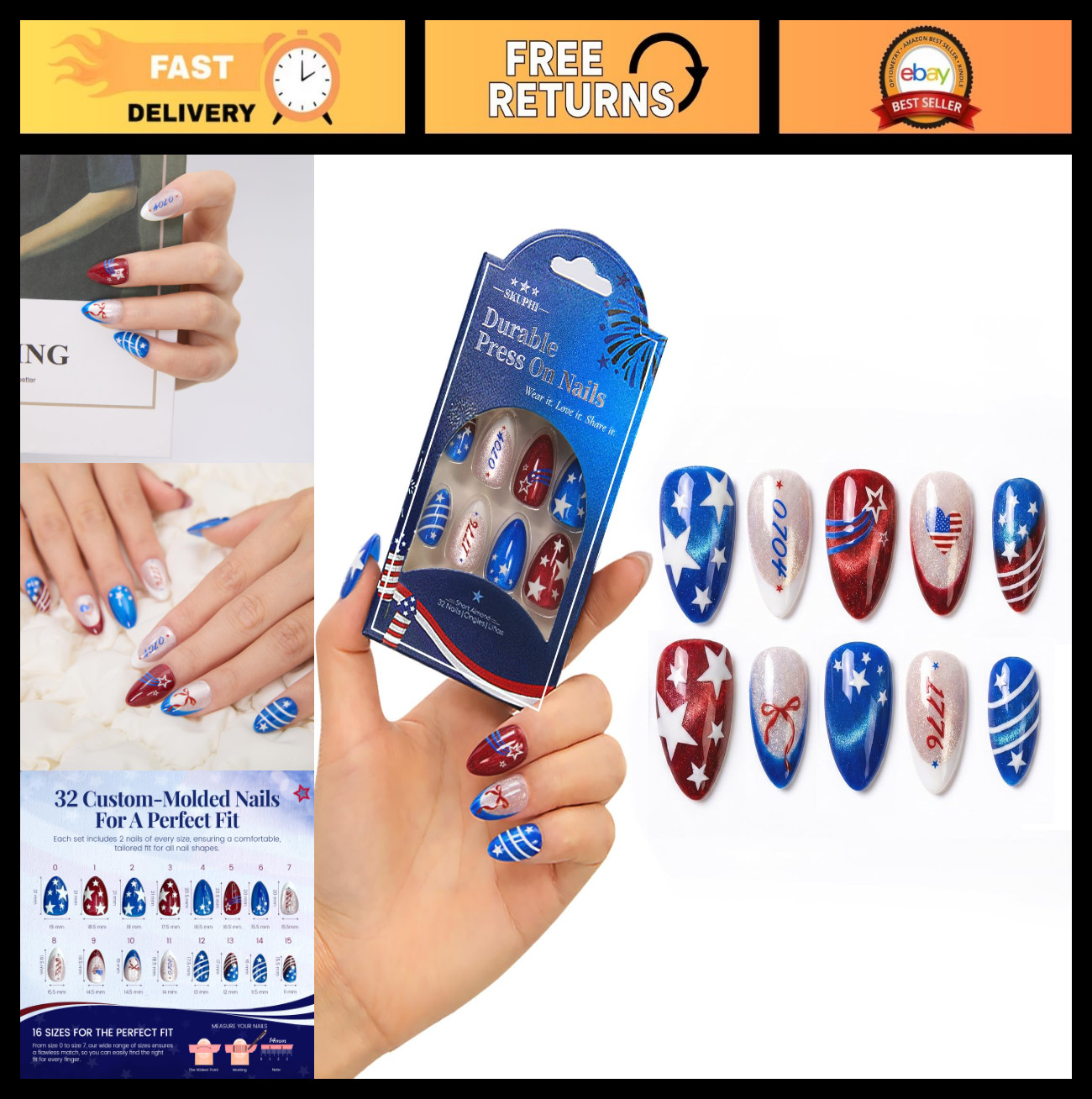 4th of July Press On Nails – Memorial Day Almond Cat Eye Reusable False Nail Kit