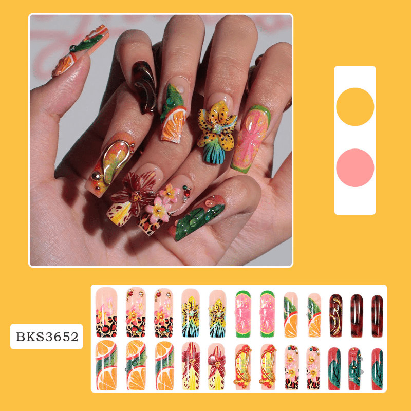 48pcs Colorful 3D Flower Press‑On Nails, Ins‑Style European American Nail Art