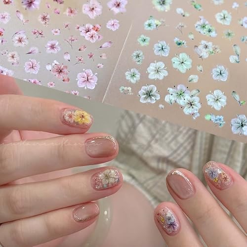 2 Sheets 3D Flower Nail Stickers Spring Summer Embossed Self-Adhesive Cherry