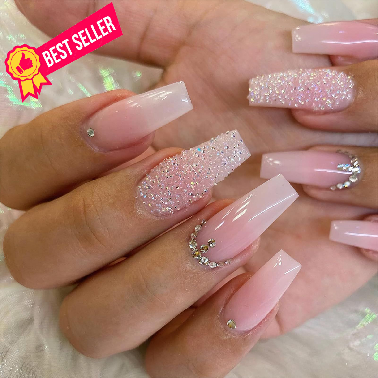 Jremg Pink Press On Nails – Long Square Coffin Fake Nails, Multicolor
