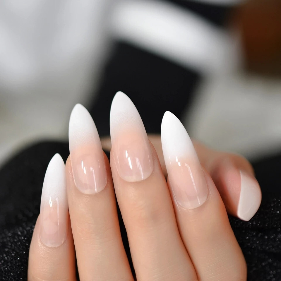 24 Press on nails Kit w Glue Long stiletto Ombre French white nude vampire goth