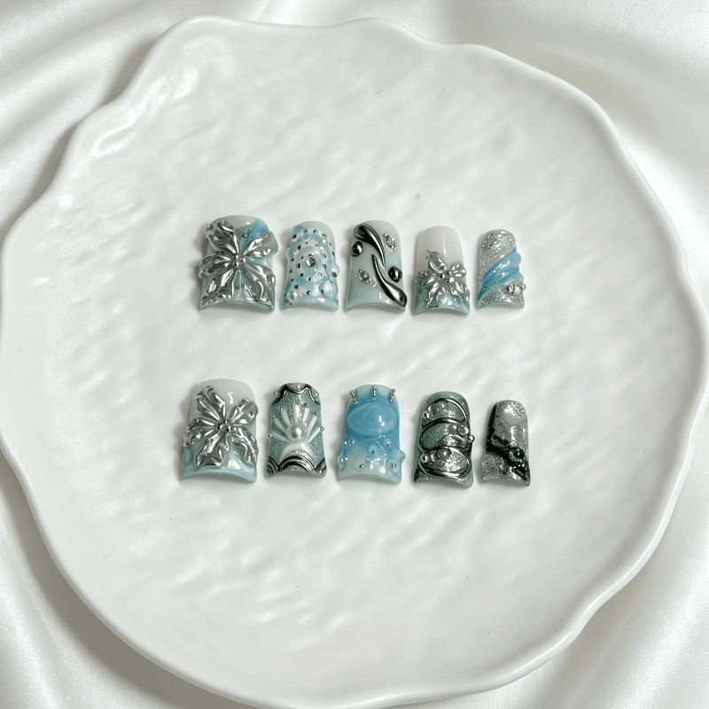 10Pcs Blue Silver Floral Press on Nails Ocean Style 3D Gem Glossy Fake Nails
