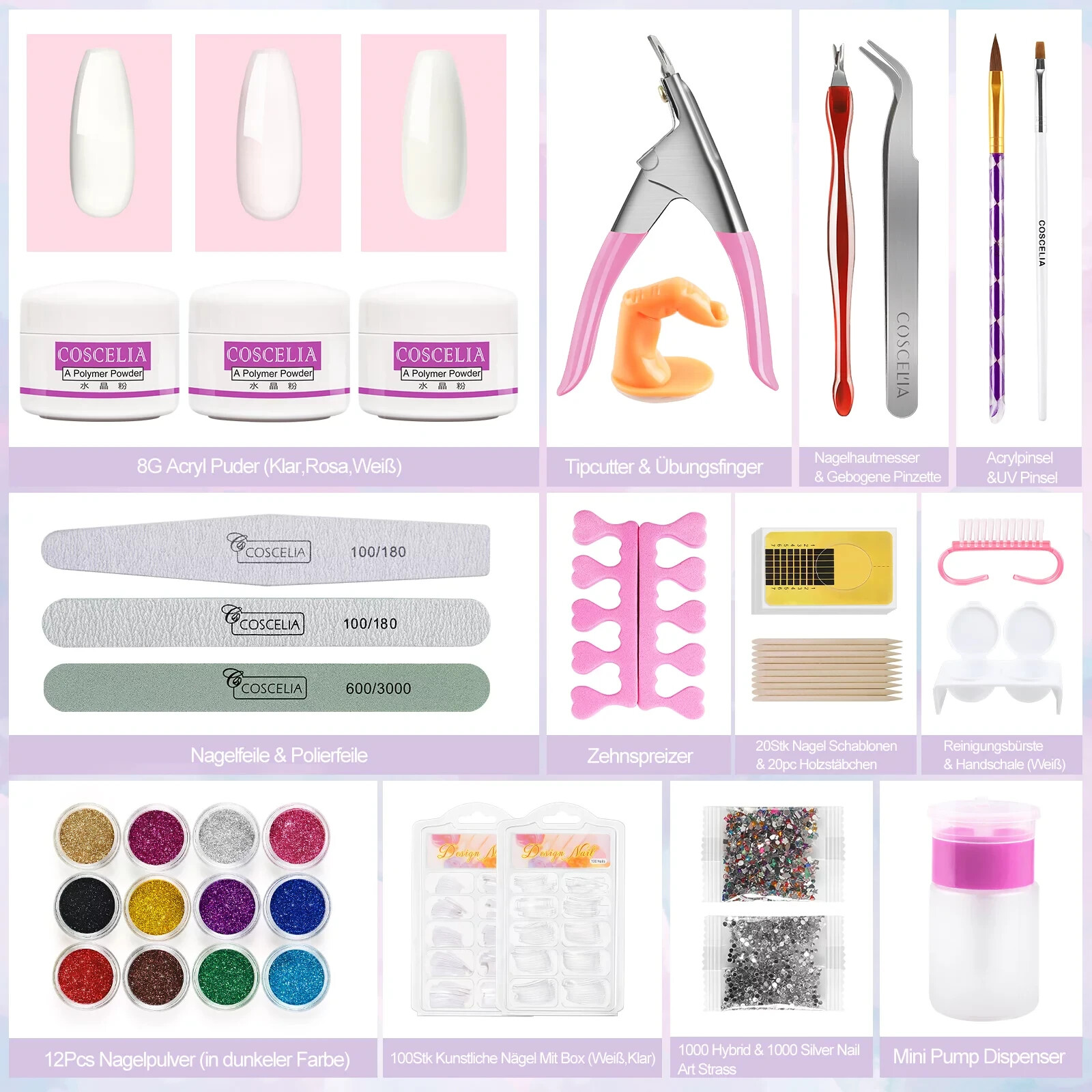 Coscelia COSCELIA Acrylic Nail Kit Pink White Clear Acrylic Powder, 12 Colors Na