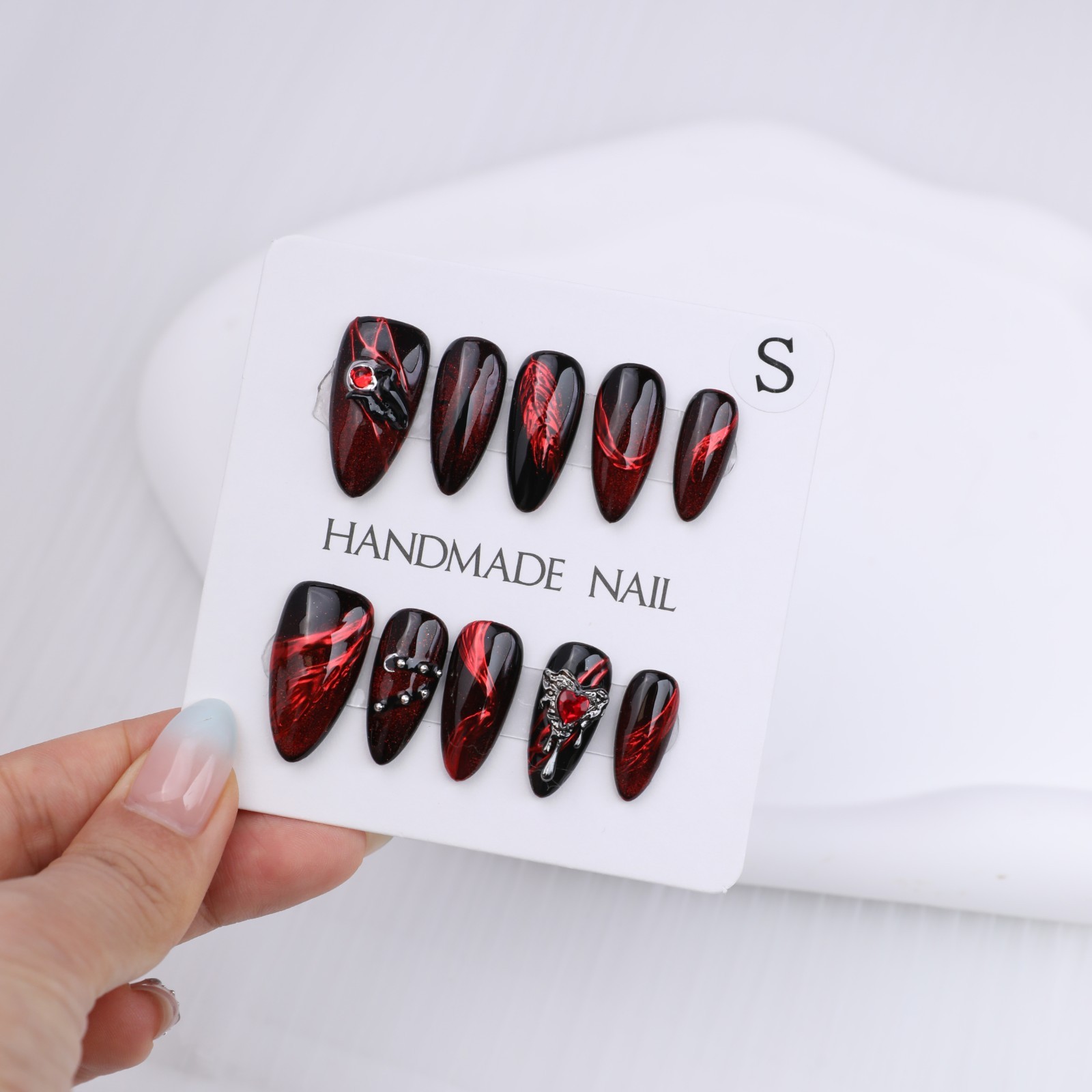 Press On Nails Medium Almond Black Red Cat Eye Rhinestone Gothic Halloween Nails