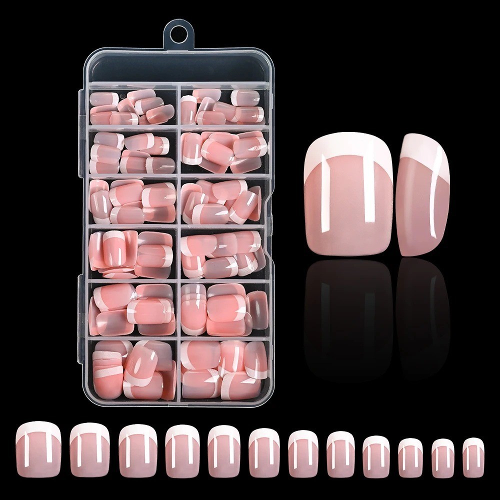 120Pcs Pink French Short Square Fake Nails 12-Sizes Full Cover Press On Nails We