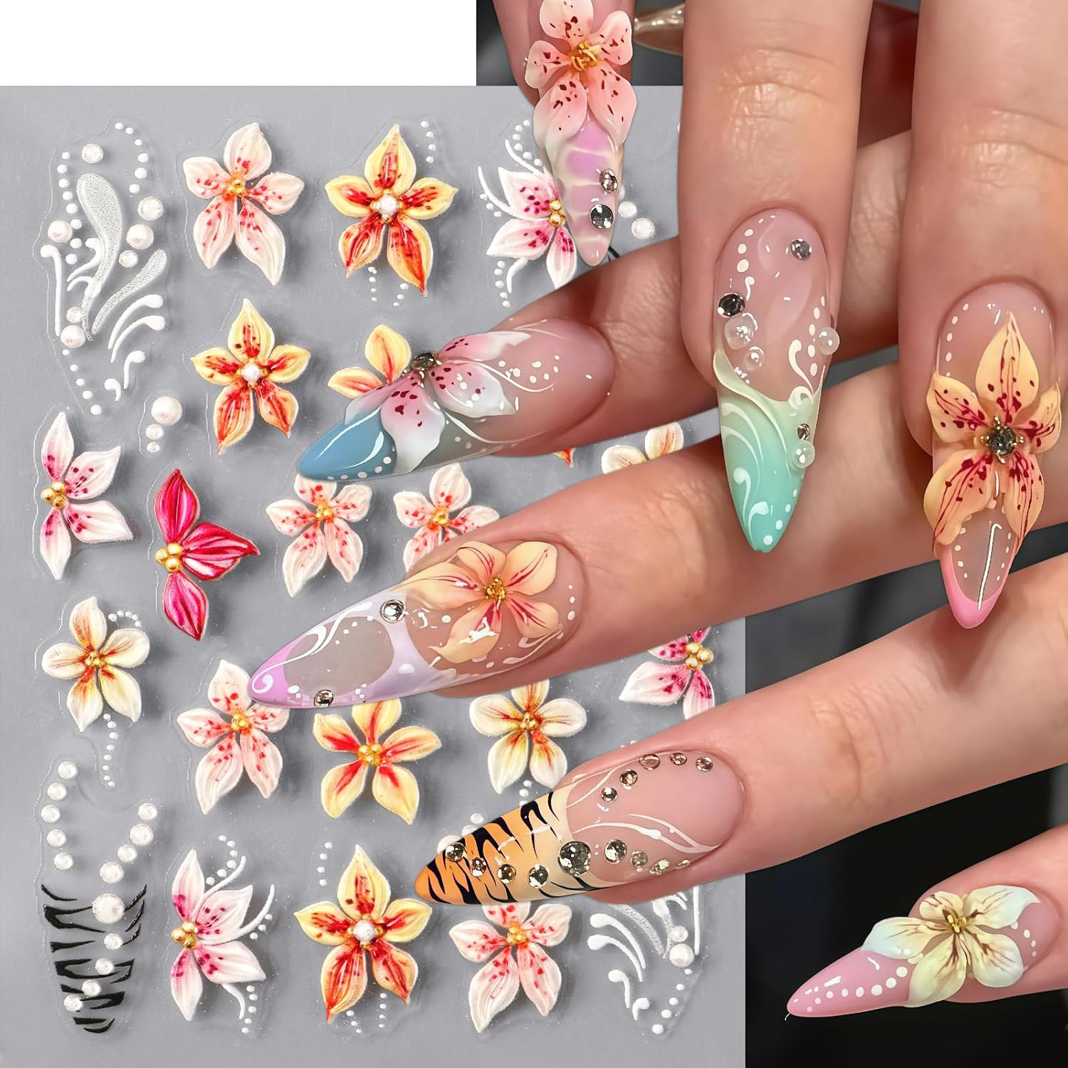 3Sheets Flower Nail Art Stickers Decals 5D Embossed Hibiscus Nail Stickers Lily