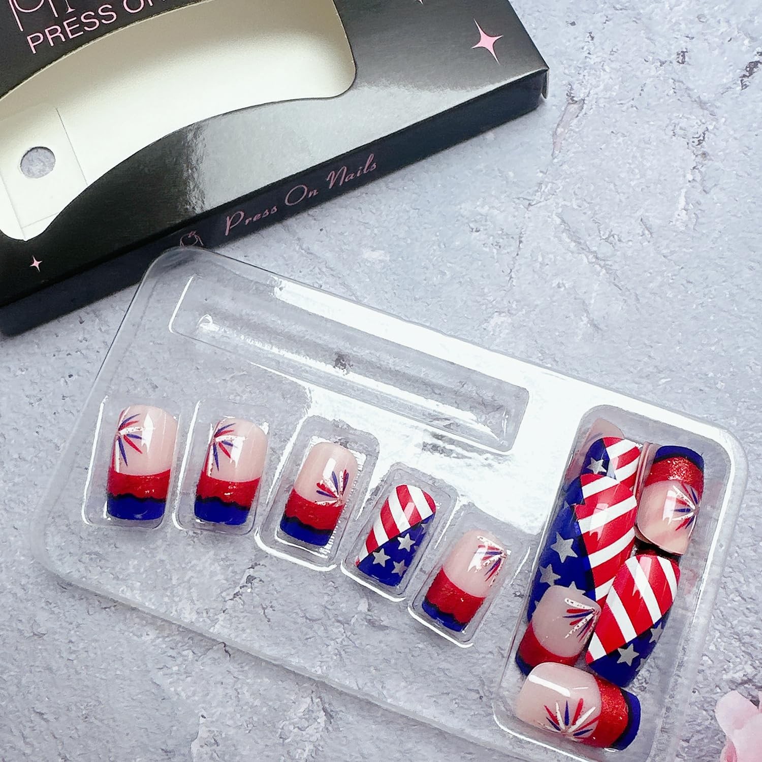 24Pcs 4th of July Press on Nails Short Square Fake Nails with Fireworks Desig…