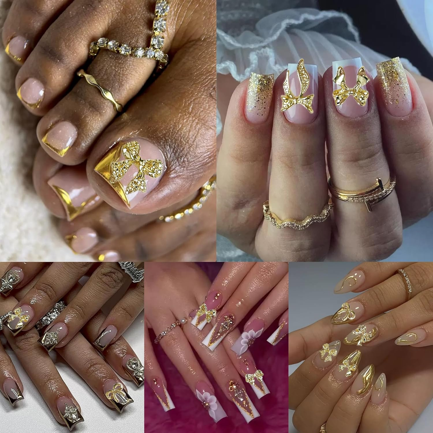 120Pcs Gold Bow Nail Charms, 3D Metal Alloy Bowknot Nail Art Golden Bows Charms