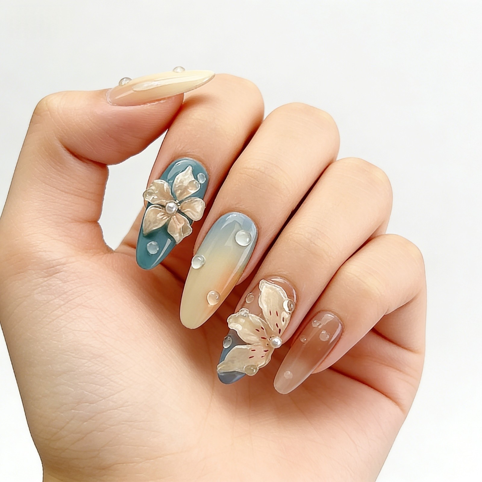 Blue Orange Flower Press On Nails Medium Almond 3D Waterdrop Glue On Set