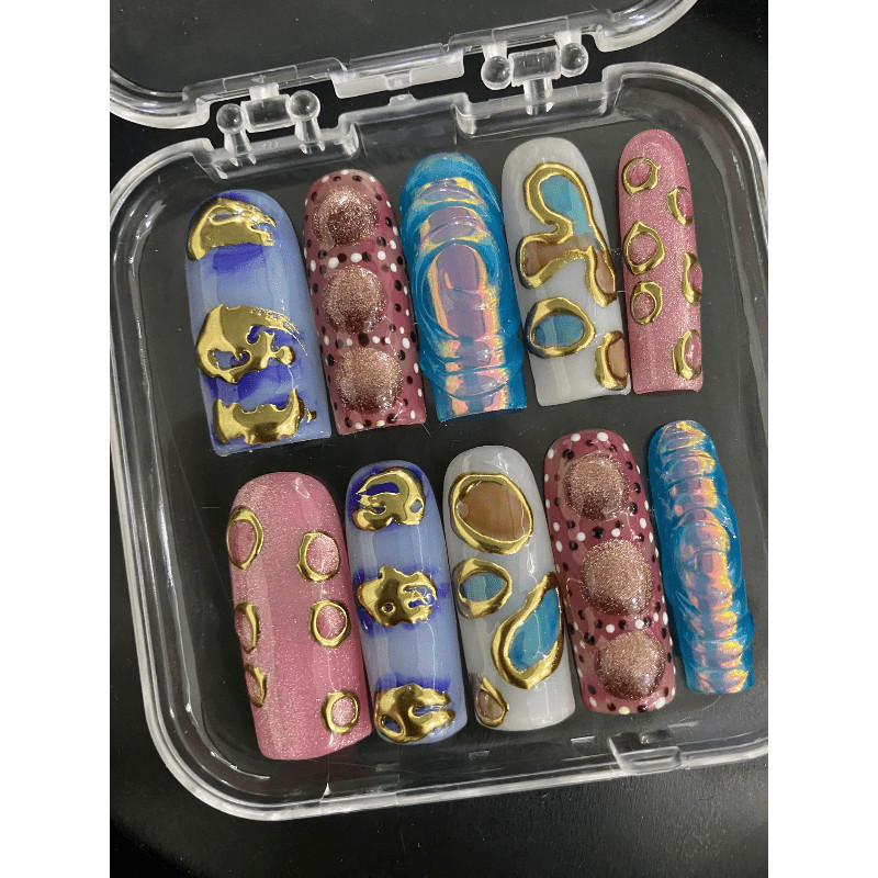 Pink Gold Handmade Press on Nails Dot Swirl Iridescent Cat Eye Fake Nails