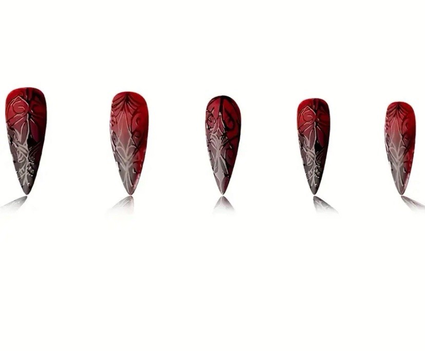 24pc Punk Vampire Red Black Stiletto Almond Scroll Press On nails W Glue & Tabs