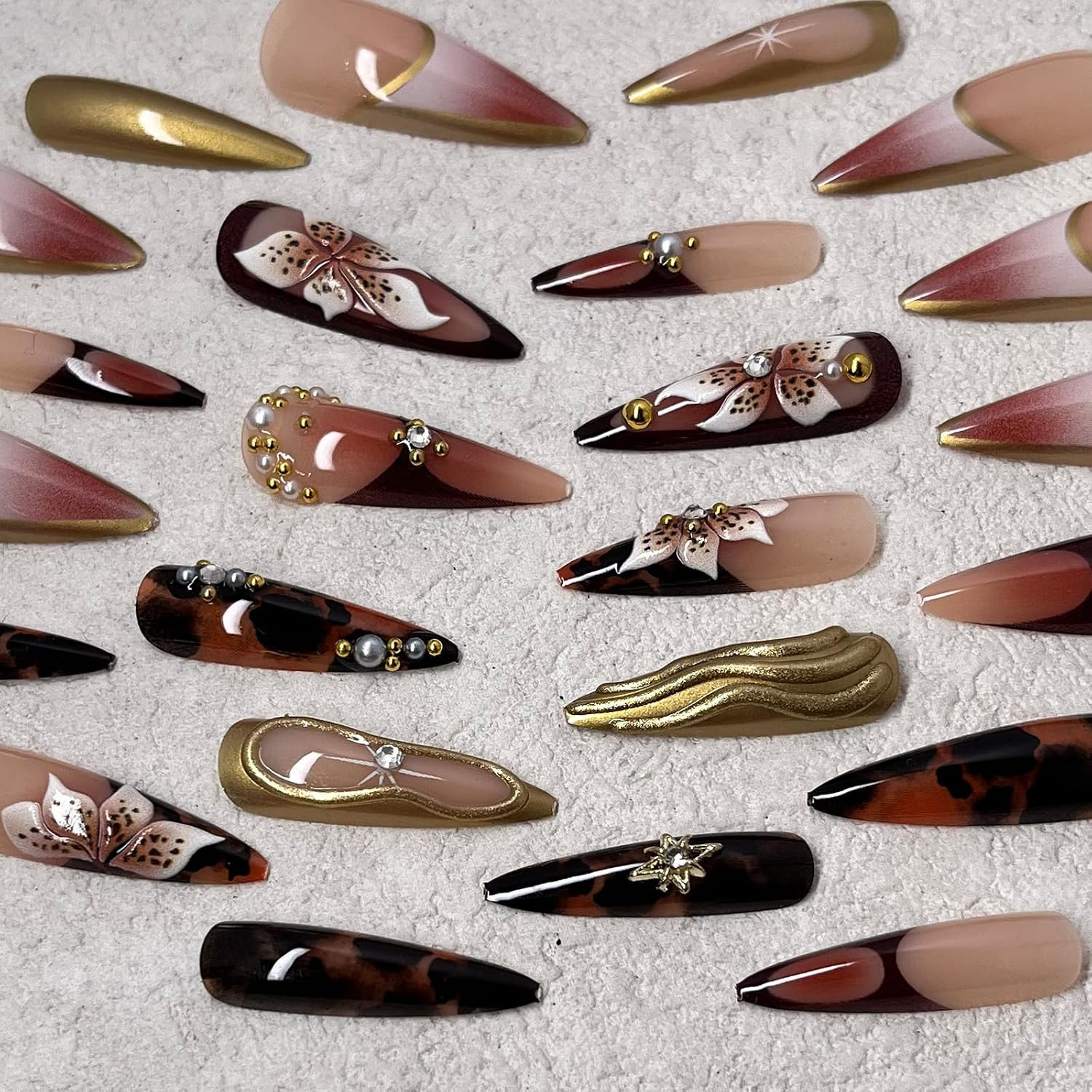 Brown Press on Nails Long Almond Fake Nails with Rhinestones Designs 3D Gold Tex
