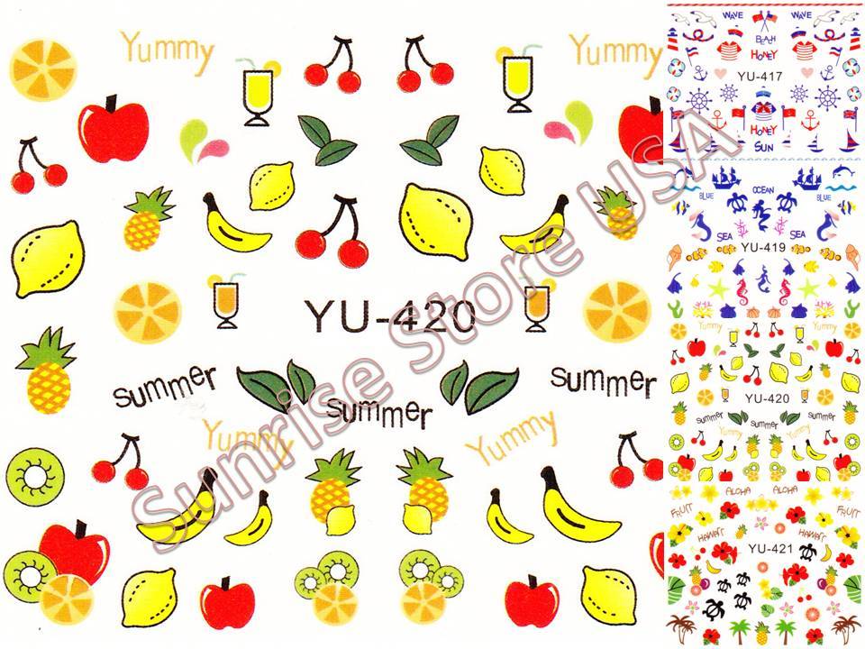 Nail Sticker Water Transfer Palm Tree Hawaii Anchor Fruit Flower Flag Bird Beach