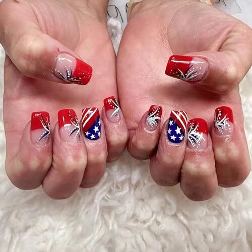 Independence Day Press on Nails Short Square Stripe Wave Red French and Dots