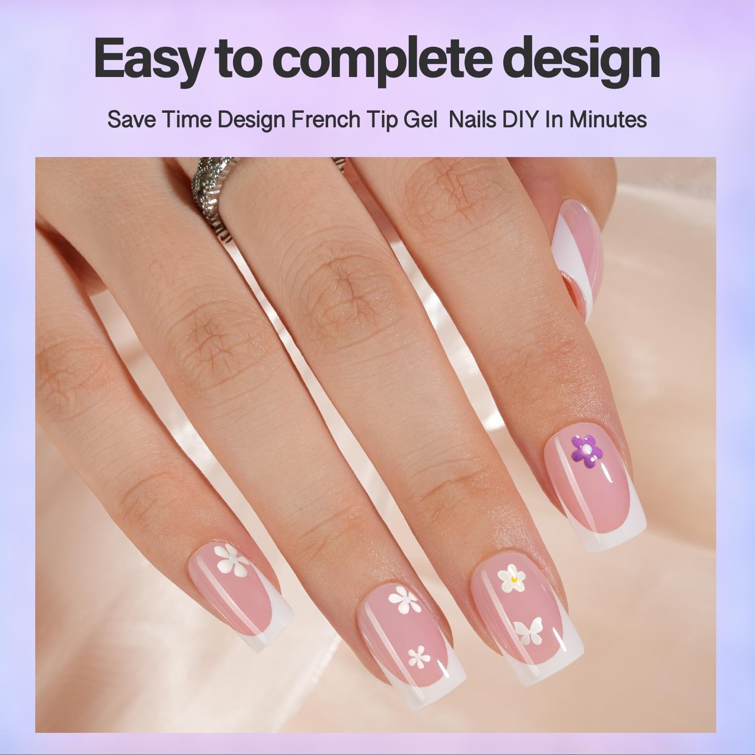 150pcs French Tip Press-On Nails Kit | Short Square Gel Fake Nails, 15 Sizes, DI