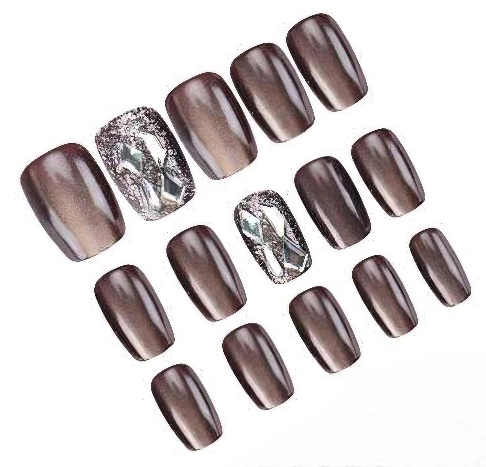 Press-On Nails Brown Bronze w/3D Silver Stone Accents on Glitter Nails *30 pcs*