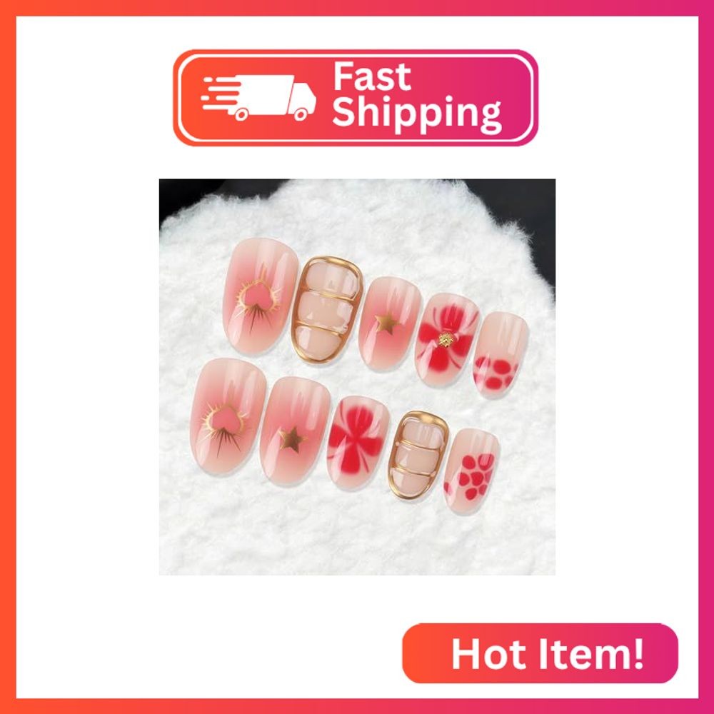 24Pcs Flower Press on Nails Short Round Fake Nails Pink Gradient Acrylic Full Co