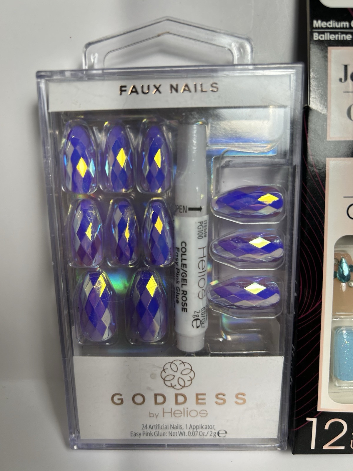 3 X Faux Nails (1 w/ Glue ) Purple,Blue, Matte, Sparkly, Metallic~LOT OF 3~NIB!