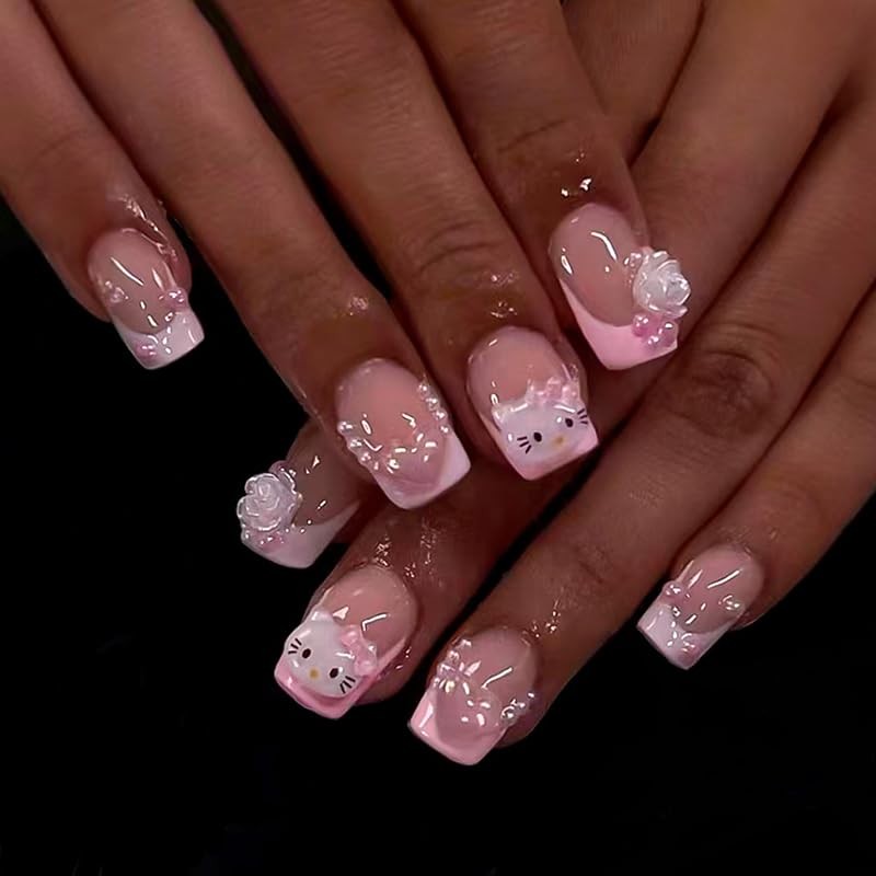 Pink French Tip Press on Nails Short Square Cute Fake Nails with Cat Flowers …