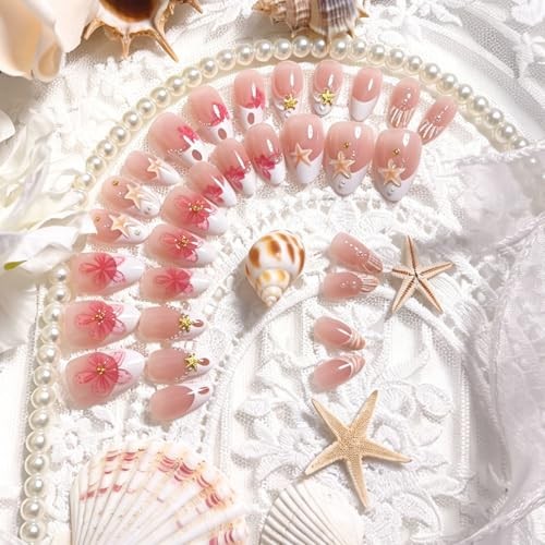 30Pcs Short Almond Press On Nails, White French Tips with 3D Pink Flower-15
