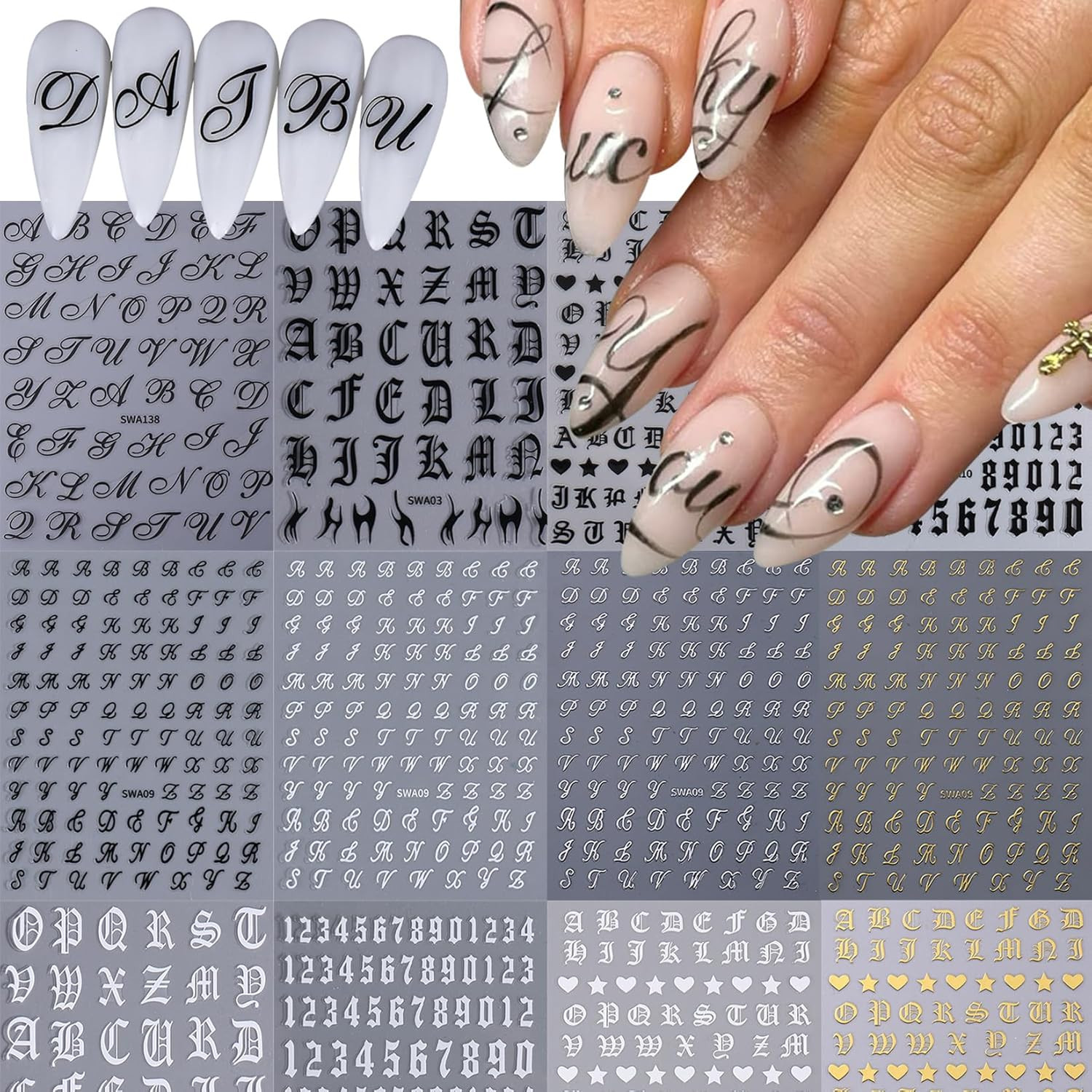 Letters Nail Art Stickers Decals 12 Sheets Alphabet Initial Nail Decals 3D Self-