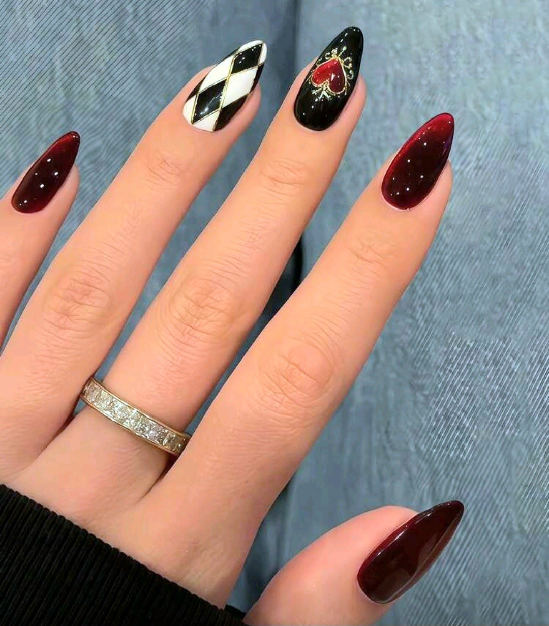 Press-On Nails Harlequin Hearts Black Red & White Valentines Day Medium/Long
