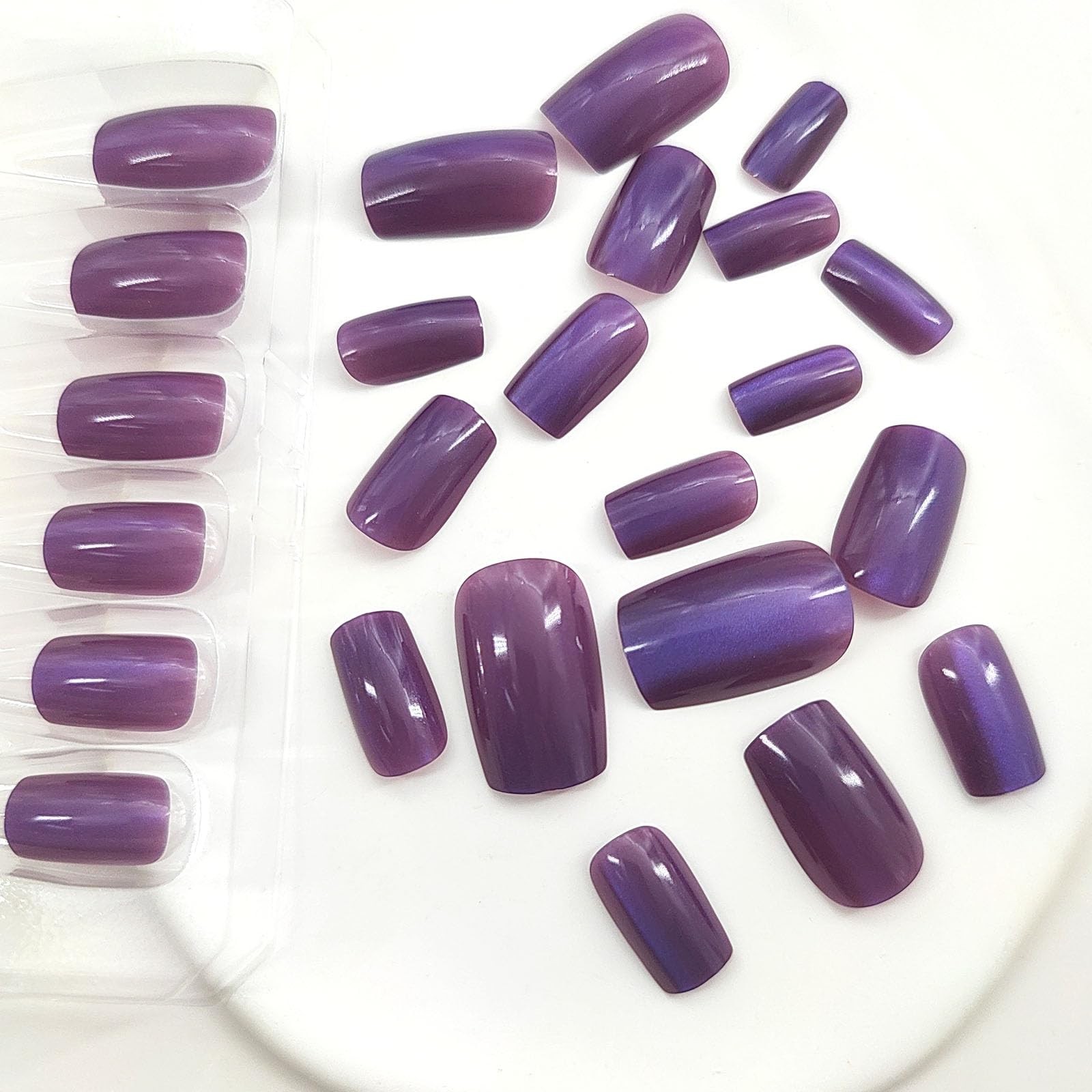 Dark Purple Press on Nails Mediumt Square Fake Nails Cat Eye Acylic Nails Gel…