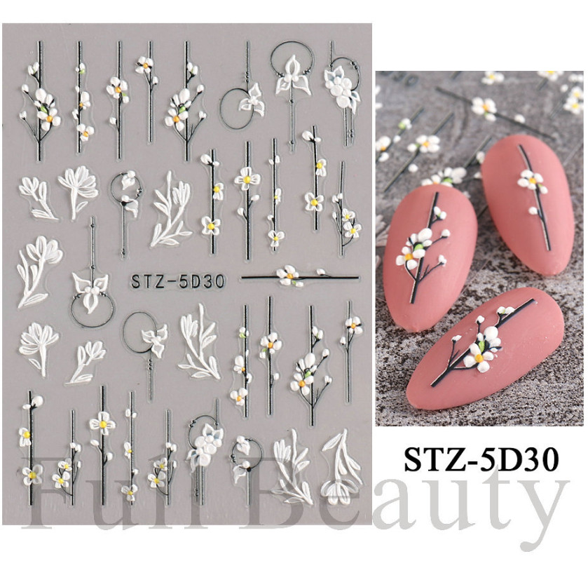 5D Embossed White Daisy Tulip Butterfly Camellia Flower Nail Art Stickers DIY