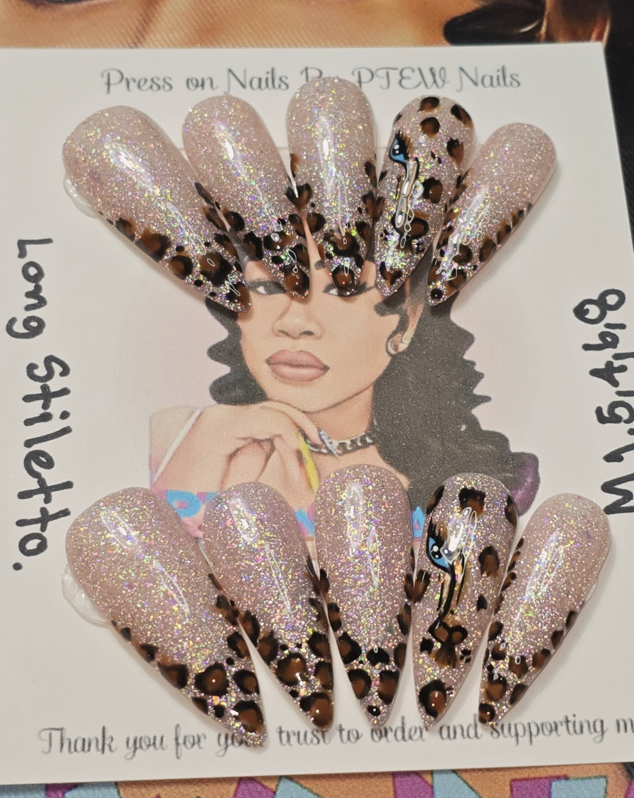 Handmade Press On Nails,Cheetah Nails Design,Medium Size 1,5,4,6,8Long Stiletto