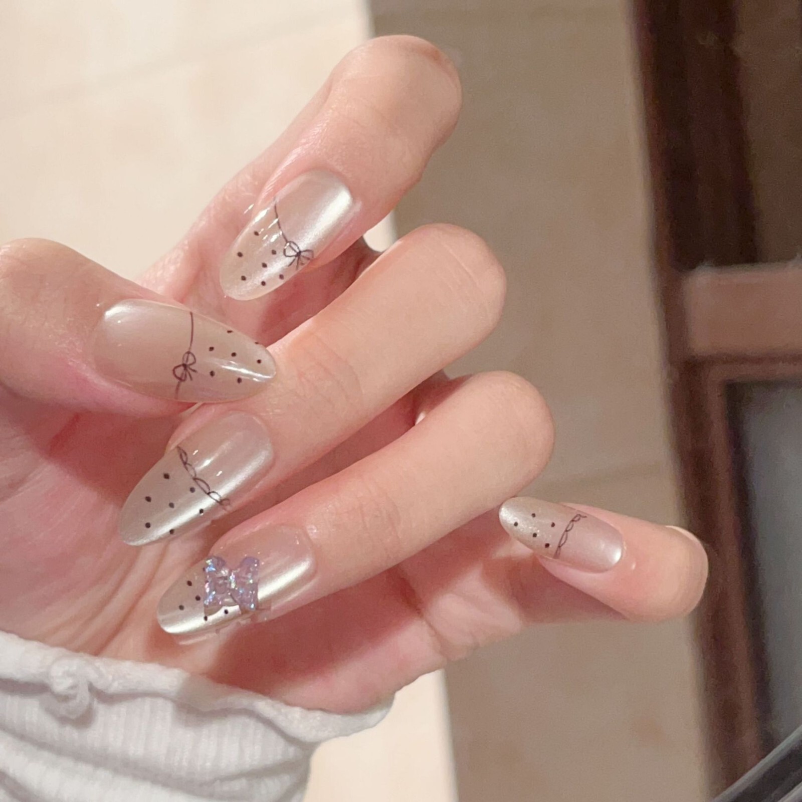 Cute Bow and Polka Dot Lace Long Almond Glossy Finish Reusable press on nails