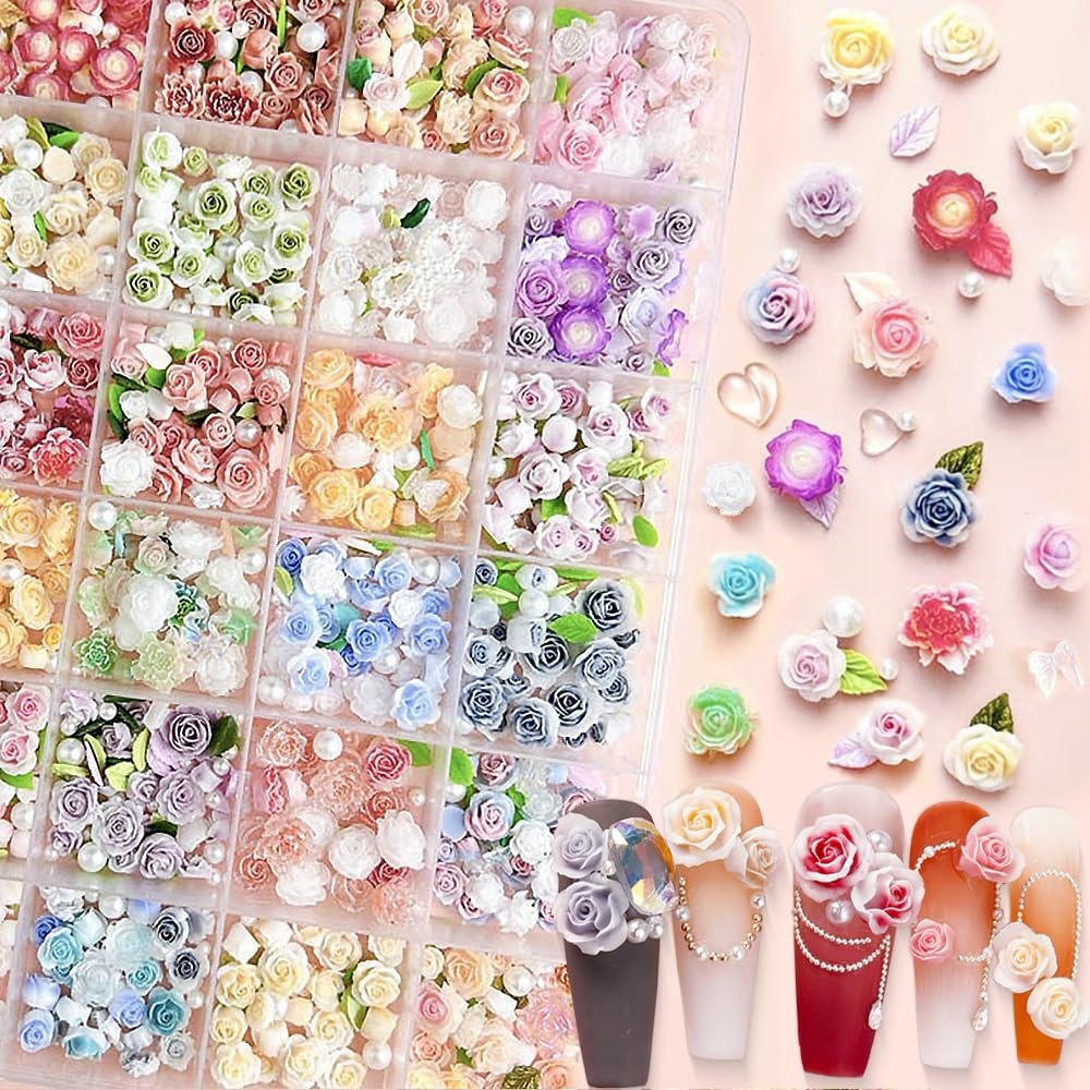 Colorful Flower Nail Charms Set – 24 Grid Floral Decor with Pearl Leaves & Resin