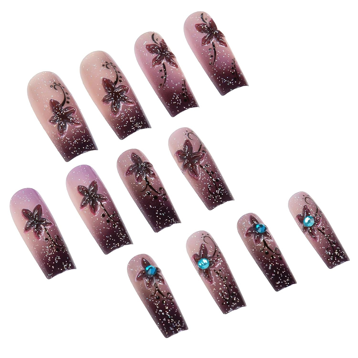 Purple Gradient Press on Nails Medium Square Fake Nails with Glitter Designs Got